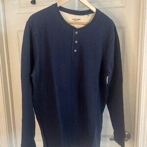 Jack & Jones Essentials XL Navy Blue Long Sleeve Henley Shirt Contrast Trim